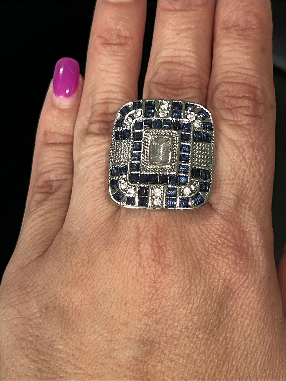 Art Decco Square Silver-Tone Ring with Blue and Clear Stones